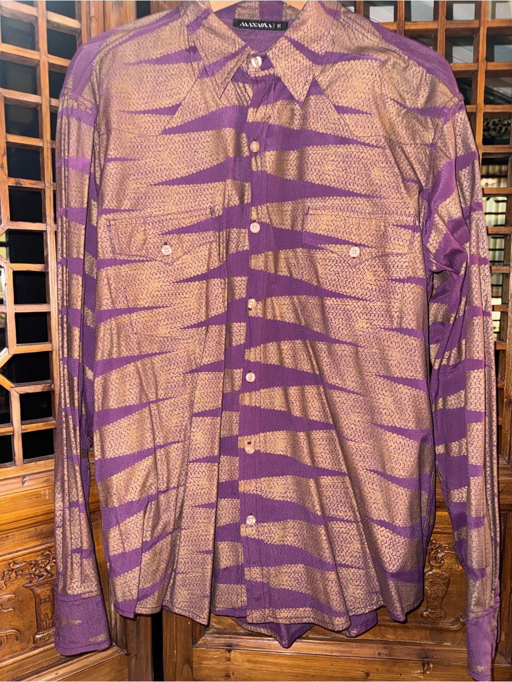 Manaola Hawaii Purple and Gold Patterned Long-Sleeve Button-Down Shirt